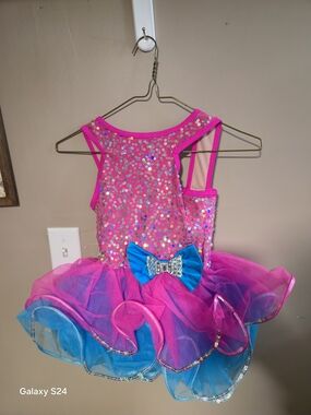 Weissman Hot Pink Sequin Tutu Dress with Blue Bow